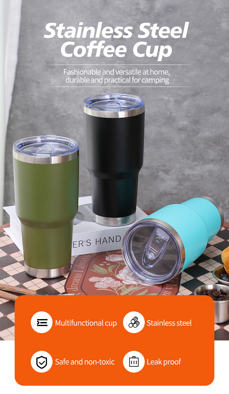 Wide Mouth 304 Stainless Steel Double Wall Powder Coated Travel Mug Thermal Cup Tumbler with Lid 广口 304 不锈钢双壁粉末涂层旅行杯保温杯带盖