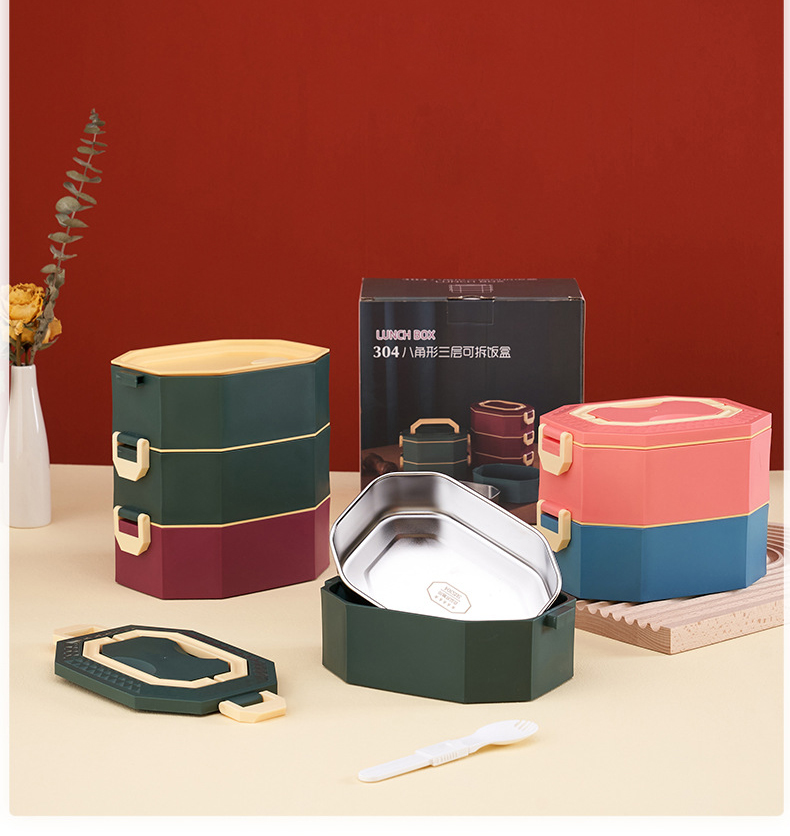 304不锈钢八角饭盒保温多层食物储存容器带餐具