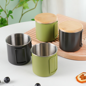 BJ-246 竹盖不锈钢野营杯户外杯带折叠手柄不锈钢水杯