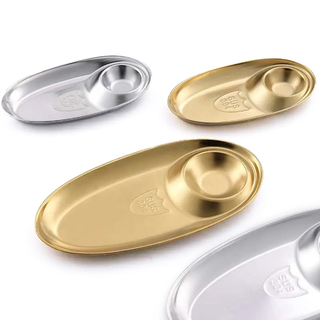 BJ-281 304不锈钢片沾盘银色椭圆形分格调料盘小吃盘 