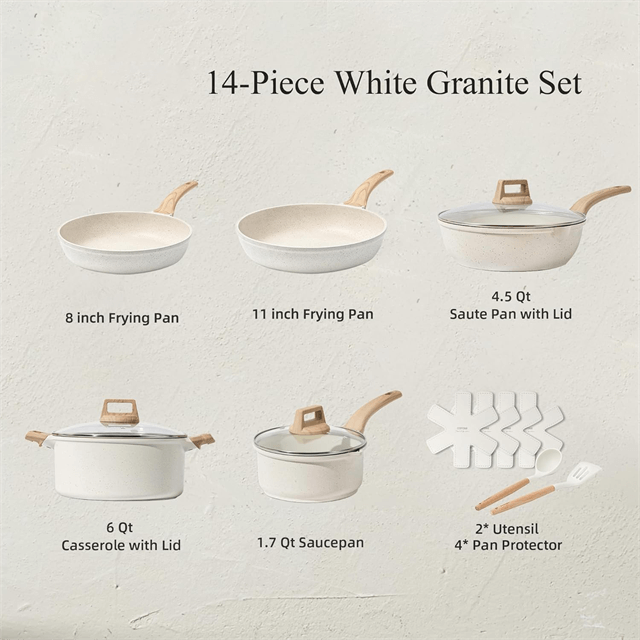 14/16 件套不粘炊具套装，带餐具和锅保护装置