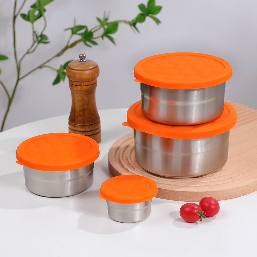 BJ-176 圆形防漏金属食品储存容器带硅胶盖不锈钢容器