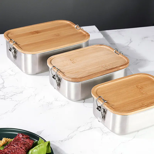 BJ-301 27 盎司便当盒带竹盖不锈钢饭盒 