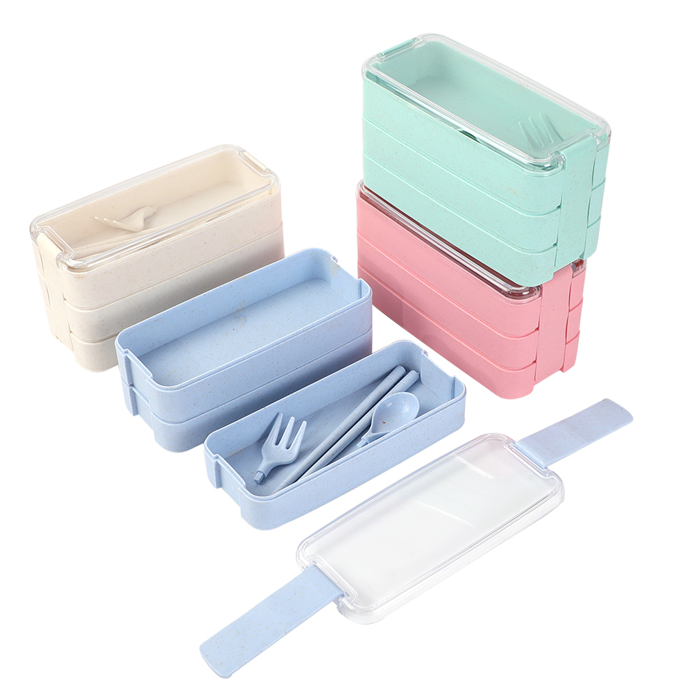 BJ-262 三层多功能麦草纤维饭盒带餐具套装塑料饭盒